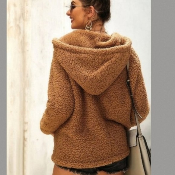 V Neck Brown Hooded Pullover Sherpa - Picture 2 of 3